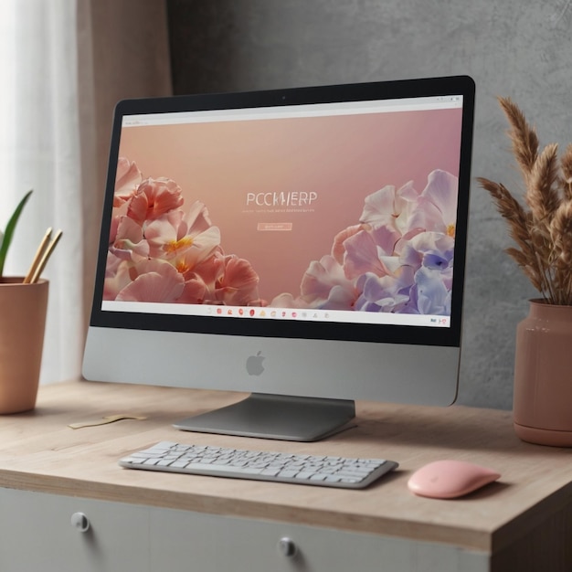 Photo mockup of pc or laptop screen contain an illustration by light pastel a landing page