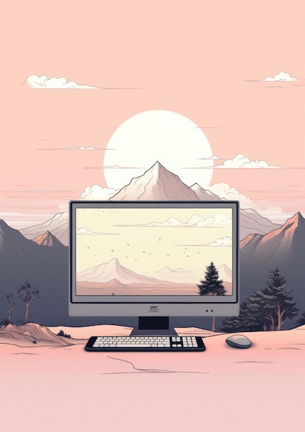 Mockup of PC with illustration in easy pastel colors working place Generative Ai