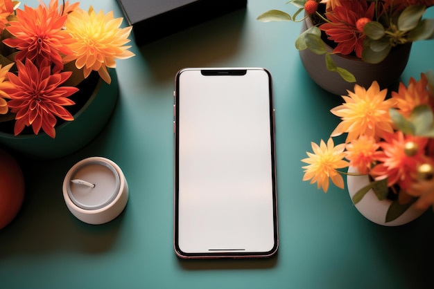 Mockup of a phone with a clean white screen flowers and a candle on a turquoise background