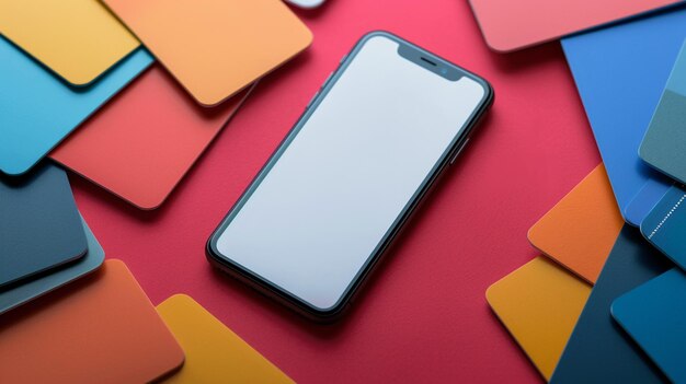 Photo mockup of phone with white screen top down view against the bunch of credit cards rich bright colors