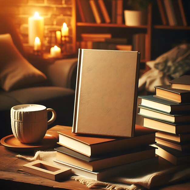 Photo mockup photo of blank book cover in cozy reading nook setting