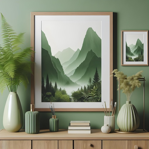 Mockup photo frame green wall mounted on the wooden cabinet