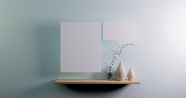 Mockup of picture canvas frame with small plant in vase and sculpture over pastel tone wall Perspective of modern Interior design 3d rendering Copy space for your designs