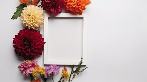 Mockup of picture frame decorated with spring flowers clean space for text on white background