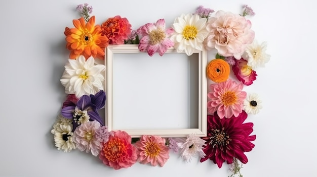 Mockup of picture frame decorated with spring flowers clean space for text on white background