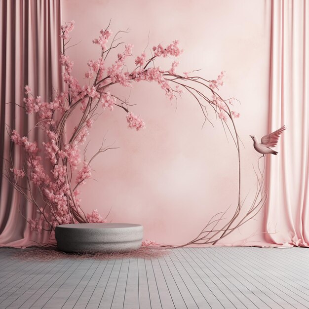 Mockup pink podium with dry twigs and clean curtain background d render