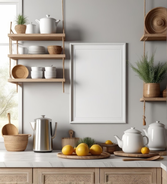 Mockup of a plain white frame in the interior of a nomadic boho kitchen with rustic decor 3d rendering