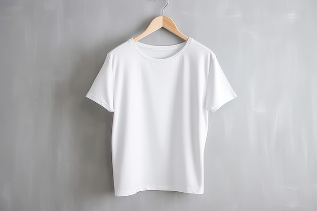 A mockup of a plain white tshirt hanging on a clothes hanger