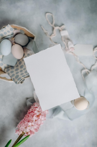 mockup postcard on an easter theme in pastel colors, mockup card on an easter background