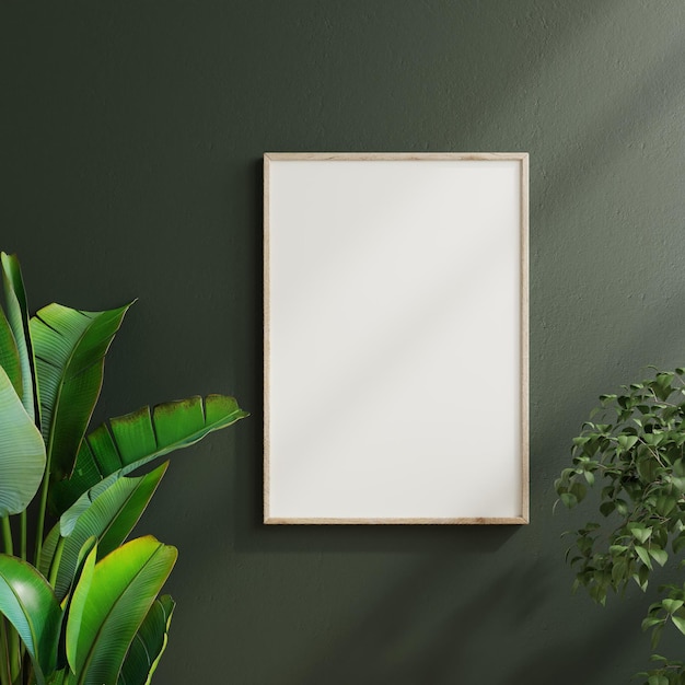 Mockup poster frame in minimalist interior background with dark green wall,3d rendering