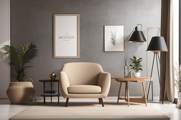 Mockup poster frame in modern interior background with armchair and accessories in the room