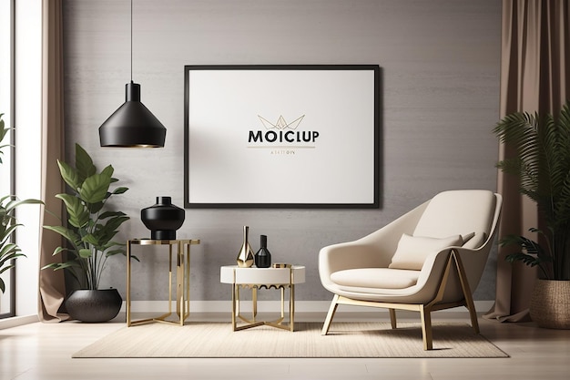 Mockup poster frame in modern interior background with armchair and accessories in the room