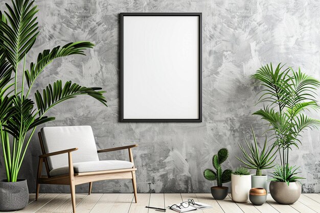 Mockup poster frame in modern interior background with armchair and accessories in the room