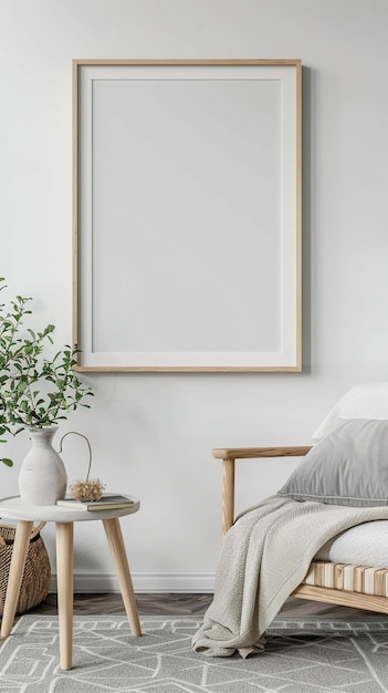 Mockup poster frame in modern interior background with armchair and accessories in the room