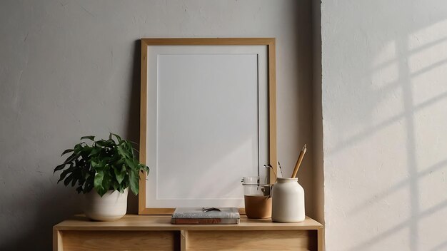 Mockup poster frame on wall Empty canvas with white wall background