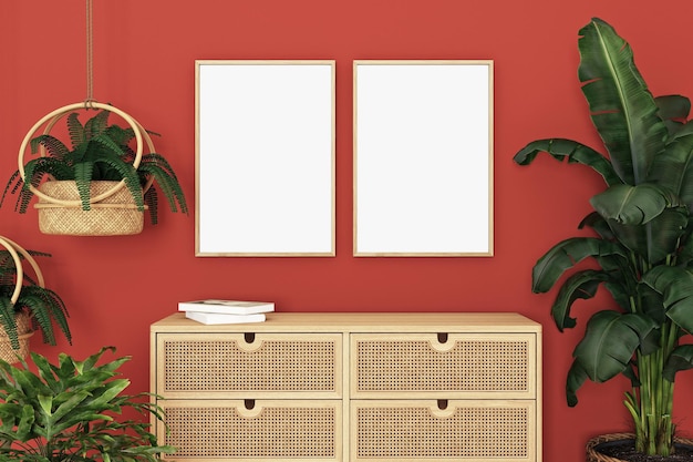 Mockup poster in interior in boho style, 3d rendering