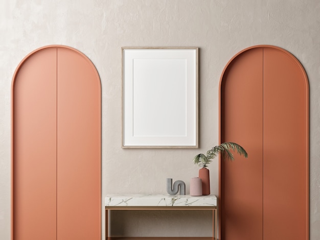 Mockup poster in modern interior design orange door desk and home decoration