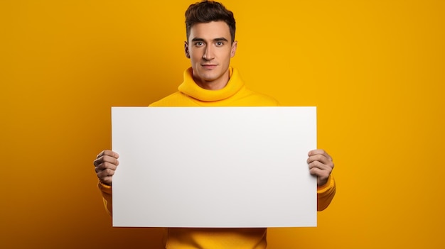 Mockup poster with a man in studio isolated on a white background for advertising Surprise announc