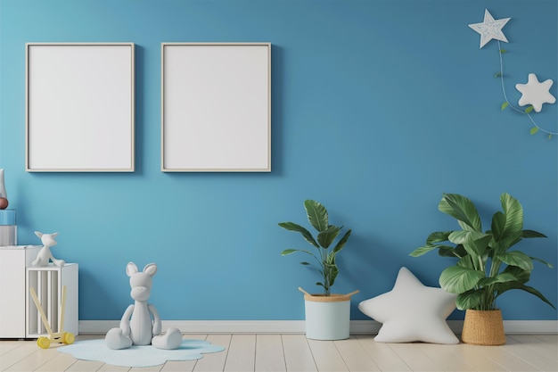 Photo mockup posters in childs room with empty blue wall background