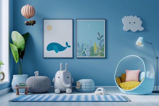 Photo mockup posters in childs room with empty blue wall background