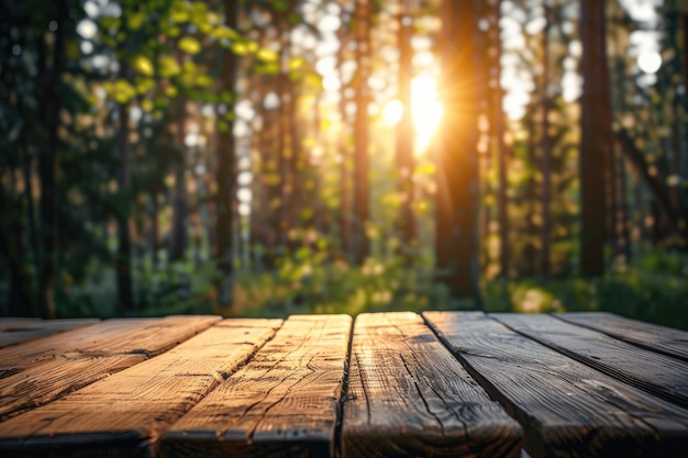 Mockup product display on rustic wooden picnic table against blurred boreal forest background Custom