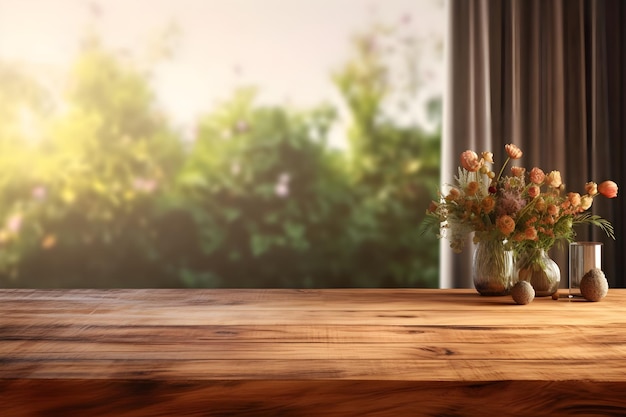 Mockup product display on table top with decoration and blurred living room background