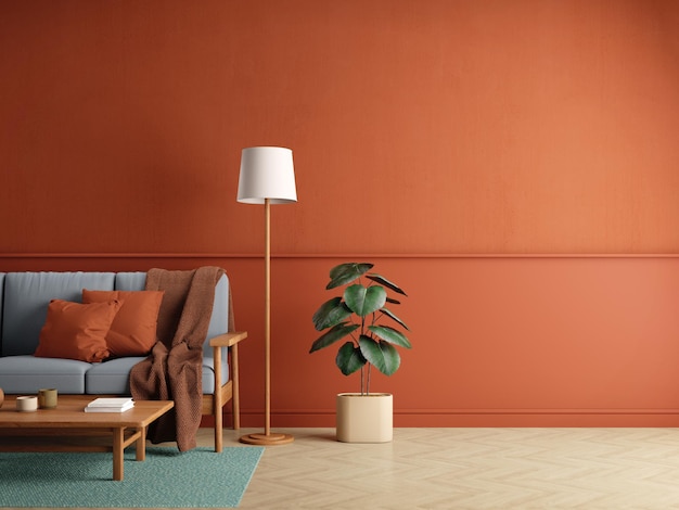 Mockup red living room interior with sofa table lamp and copy space