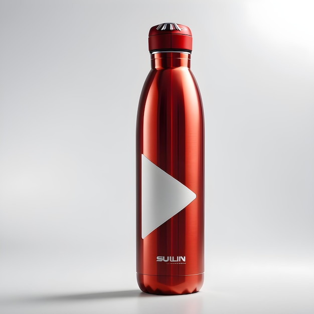 mockup of red water bottle with blank label isolated on grey background