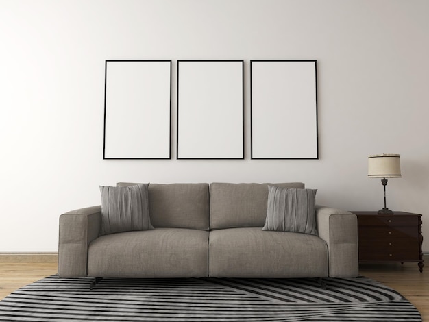 Mockup room with 3 frames on the wall modern sofa and pillow carpet cabinet and table lamp