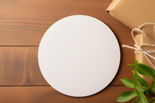 Mockup of a round white sticker on a wooden table with craft boxes