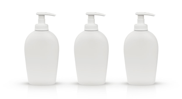 Mockup scene creator three white plastic bottles for liquid soap or shampoo on a white background