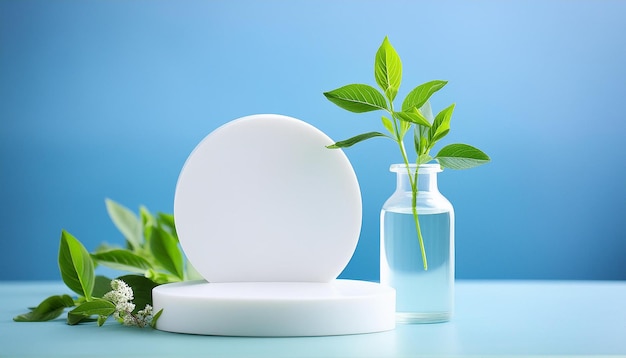 Mockup Scene with White Empty Podium on Blue Background Glass Vase of Flowers and Green Leaves