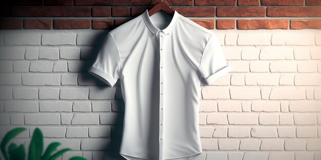 Mockup of a shirt on a wooden hanger with a white brick wall background Generative AI