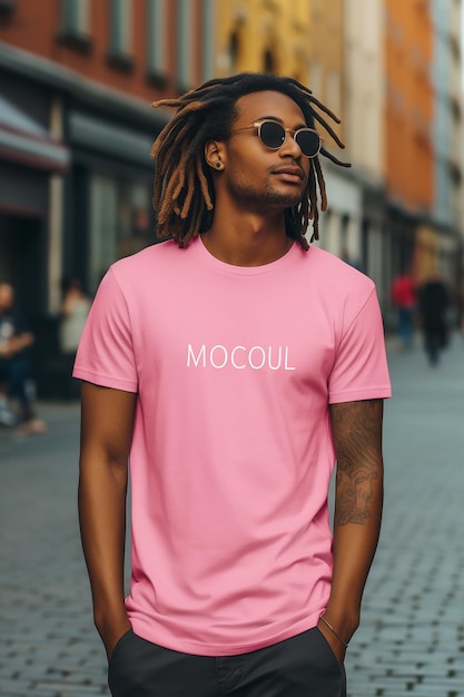 mockup showing a pink tshirt with a user wearing it