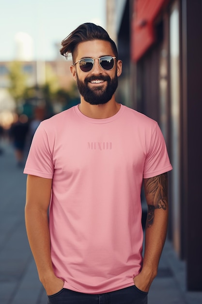 mockup showing a pink tshirt with a user wearing it