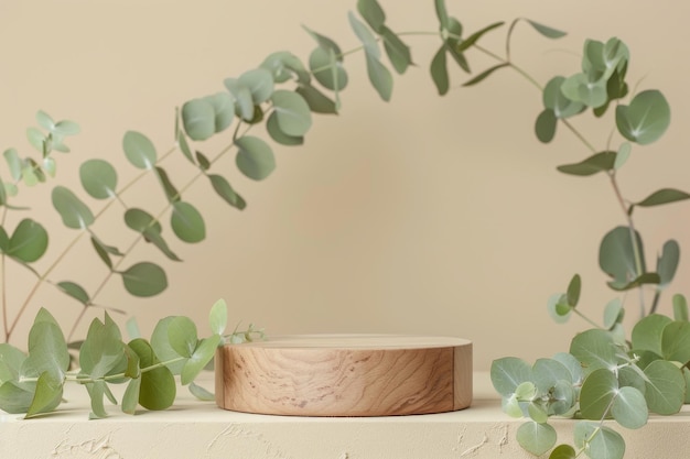 The mockup shows a wooden podium with eucalyptus leaves and a beige background for presenting a cosmetic product