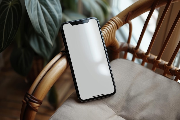 Photo mockup of a smartphone on a chair with an top view