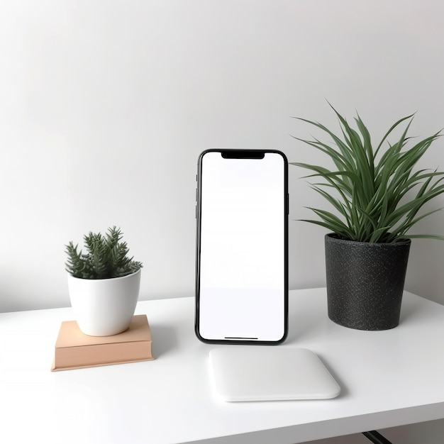 Mockup smartphone On a desk with white screen