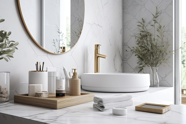 Mockup space for displaying your bathroom accessories and items on a luxurious white tabletop with a blurred modern bathroom background