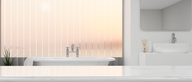 Mockup space for montage on white tabletop over elegance bathroom interior with luxury bathtub