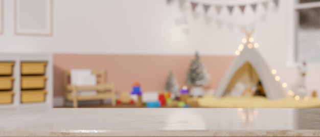 Mockup space on white marble tabletop over blurred cute baby kid playroom background