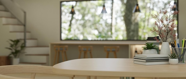 Mockup space on wooden tabletop in modern contemporary and cozy living room