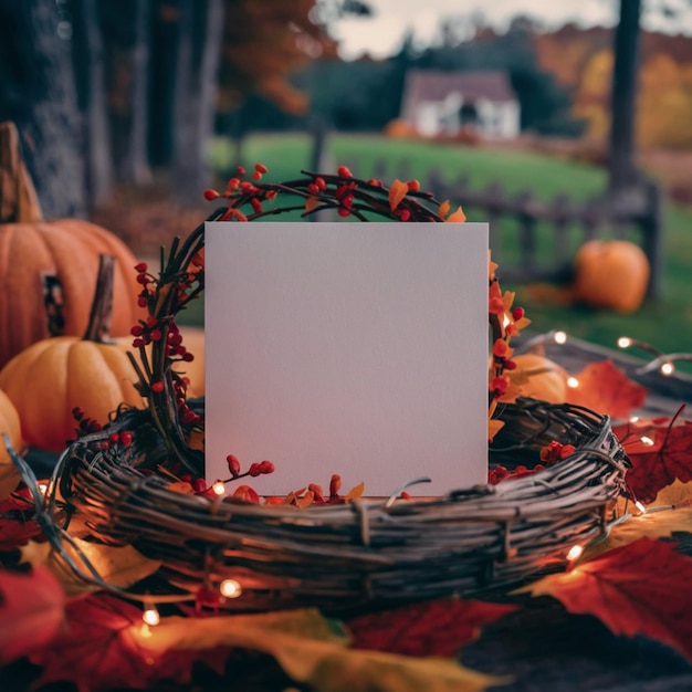 Photo mockup of a square blank card with elements of cozy fall decor in a rustic garden