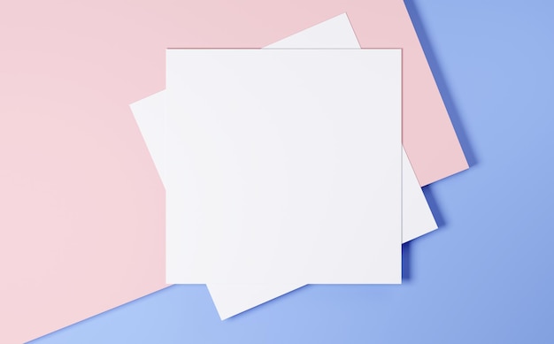 Mockup of a square white leaflet on a blue and coral background. 3d render.