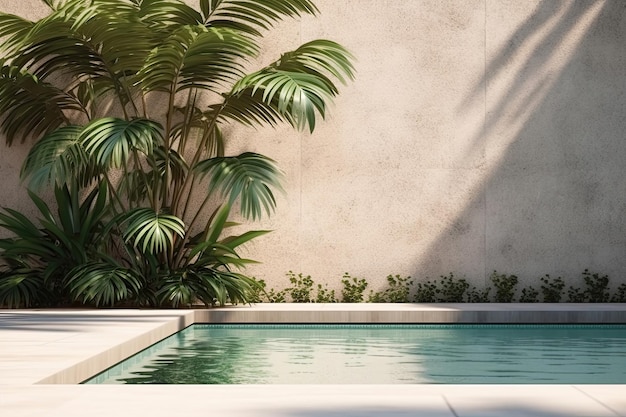 Mockup of swimming pool with palm leaves