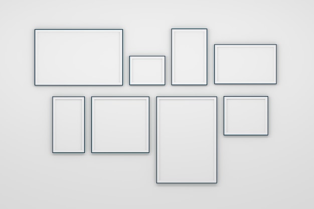 Mockup template wall gallery set of 8 small frames collection on white wall