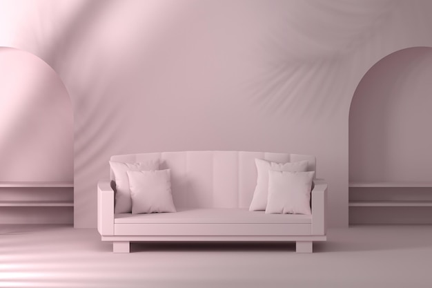 Mockup template with blank pink wall niches arches with shelfs and sofa with pillows