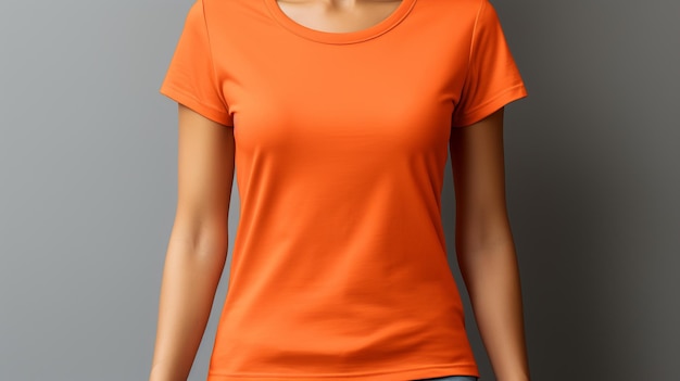 Mockup template of woman in orange t shirt for design print studio isolated on light gray wall