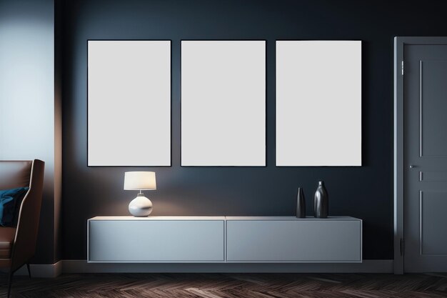 A mockup of the three blank paintings in the interior AI generation