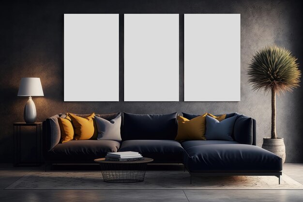 A mockup of the three blank paintings in the interior AI generation